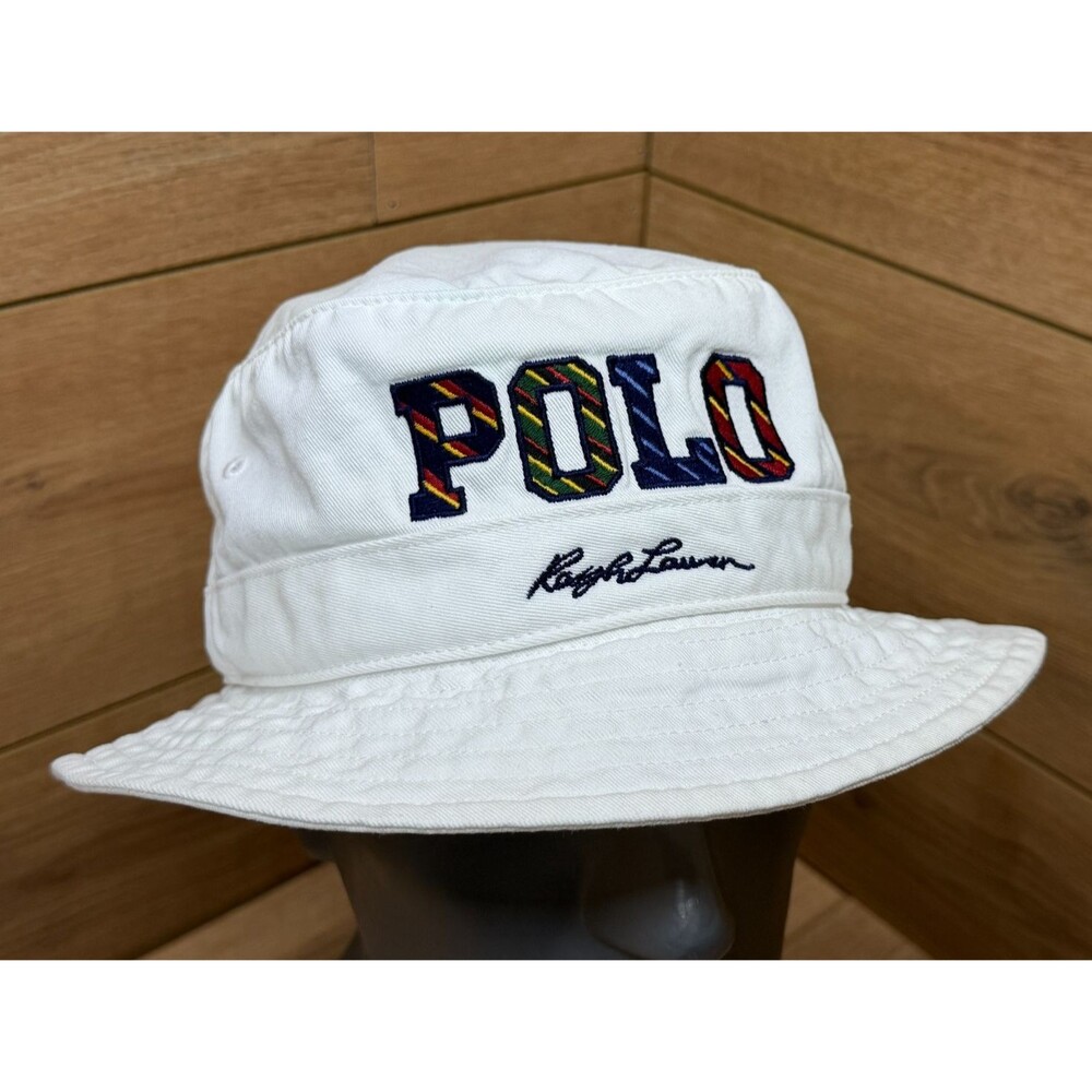 Polo Ralph Lauren White Bucket Hat w/ Multicolor Striped POLO Logo Size L/XL EUC